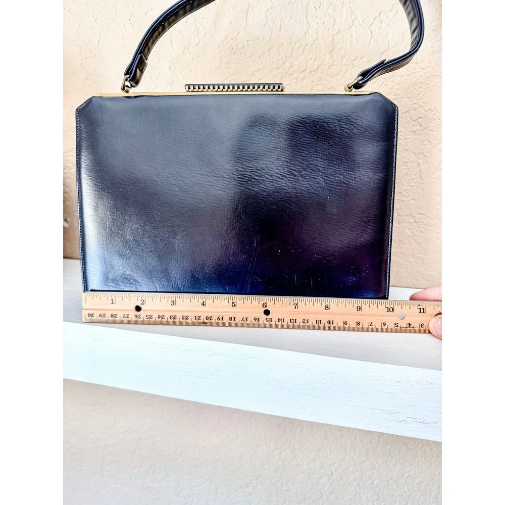 VINTAGE I. MAGNIN & CO. NAVY BLUE LEATHER TOP HANDLE FRAME‎ HANDBAG PURSE